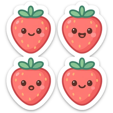 A series of illustrations stawberry in a kawaii emoji style, with detailed shading and highlights, thin clean outlines, soft and rounded features. Pastel color palette using  #FF5B5B, #CE4C4C,#CE4C4CThe style is inspired by modern Japanese pop art and sticker aesthetics. Highly detailed, vector clarity, soft lighting and subtle shadows. Transparent background without background. sticker