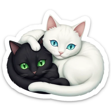 Gatito negro con ojos verdes y gatito blanco con ojos azules durmiendo juntos abrazados sticker