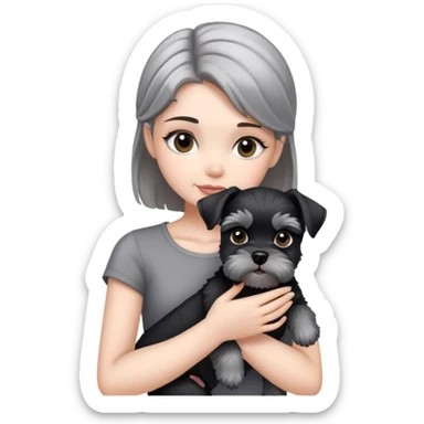 A girl holding a black and silver schnauzer sticker