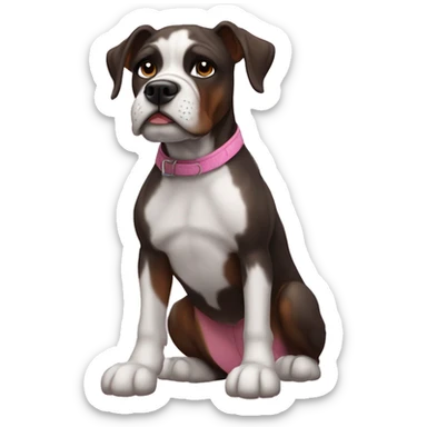 chappel roan but she is a black boxer with white and pink features. she has the same hair and outfit but a dog face sticker