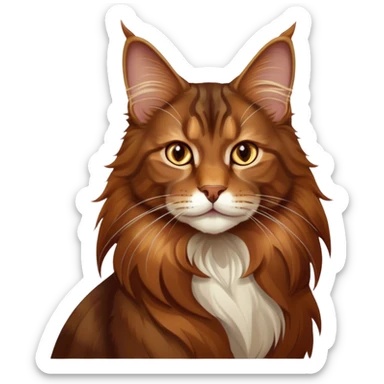 Cinematic Brown Maine Coon Cat Portrait Emoji, Elegant and alert, sleek brown and gold tones with hints of deep auburn, Simplified yet sharp features, highly detailed, glowing with a warm, confident glow, high shine, intelligent and poised with an air of wisdom, stylized with an air of grace, focused and attentive with a calm, old soul expression, soft glowing outline, capturing the essence of experience and majesty, so lifelike it feels as though it could spring into motion at any moment, radiating wisdom and grace. sticker