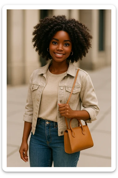 black barbie doll, casual chic, curly hair, friendly expression, holding a purse sticker