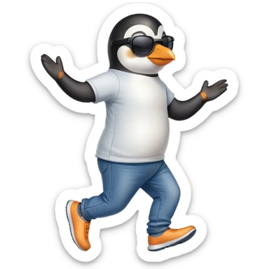 friendly anthropomorphised penguin in jeans and a t-shirt, wearing dark sunglasses, jogging upright, standard pose sticker