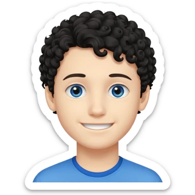 boy, young face like 18 years, blue eyes, medium curly hair black, easy smile sticker