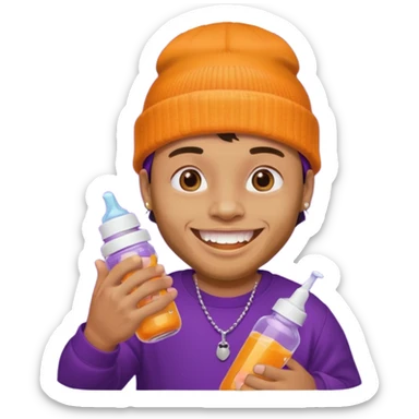 guy with orange beanie with gold teeth grillz holging a baby bottle with purple liquid sticker