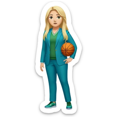 Full Body white plus size female basketball head coach with long blonde hair in a blue and green suit sticker