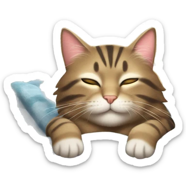 Fluffy tabby cat lounging on a cozy blanket, eyes closed and paws tucked in, basking in the sunlight like the king of relaxation sticker