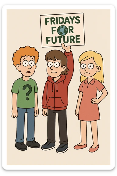  Fridays for Future a boy orange curly hair green question t-shirt jeans black shoes boy brown Hockey Hair red hoodie black trousers navy blue trainer shoes girl yellow hair with shirt dress pink shoe boy Yellow Orange hair blue jackets hoodie dark blue jeans white shoe  sticker
