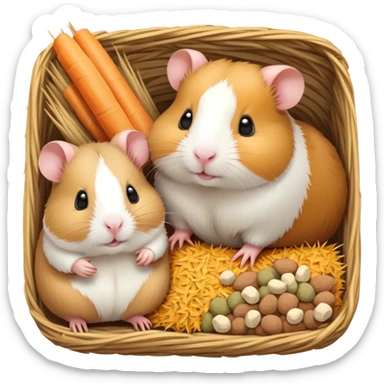 Icon for Hamster and Guinea Pig: A cute, colorful collage with a fluffy hamster and a chubby guinea pig munching on some hay. Soft, playful background with tiny food pellets and a cozy bedding area. Transparent background. sticker