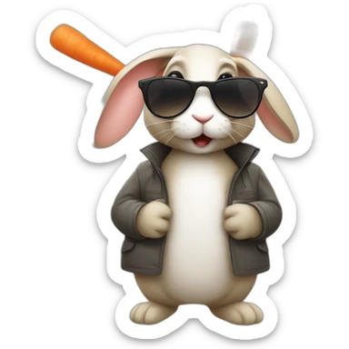 Rabbit with sunglasses and wearing a coat with carrot in his mouth sticker