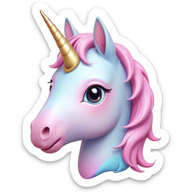 Cinematic Cute Unicorn Pony Portrait Emoji, Head tilted playfully and inquisitively, featuring a charming, diminutive form with a gentle pastel color, a delicate, sparkling horn and large, dreamy eyes full of wonder, Simplified yet irresistibly adorable features, highly detailed, glowing with a warm, magical glow, high shine, affectionate and lively, stylized with a touch of whimsical charm, soft glowing outline, capturing the essence of a mischievous yet endearing unicorn pony that seems as if it could prance out of the screen into your arms! sticker