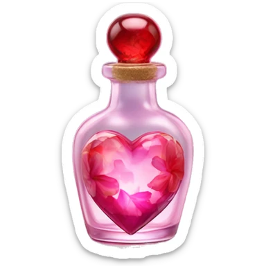 Antique oil heart bottle made of crystal glass of all gentle colors of the red and pink, a living flower fairy sits at the bottom of the bottle sticker