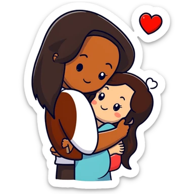 A couple embracing, man with mestizo brown skin and slightly long straight dark brown hair, woman with fair skin and long dark brown hair, with white hearts around them sticker