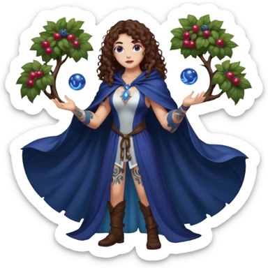 full body woman long curly brown hair brown eyes white skin tattoos muscular build blueberry forest mage cloak, glowing berry orbs floating sticker