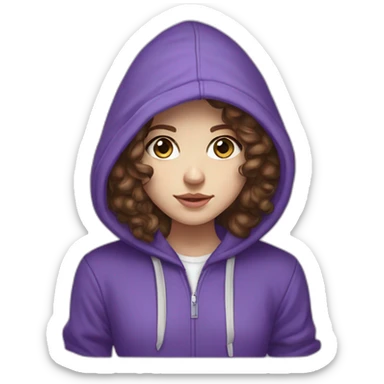 Full length girl with blue eyes and white skin and long curly browny hair with high aristocratic cheekbones in a purple hoodie sticker
