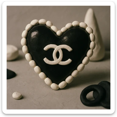 glossy black heart with a string of pearls around it, featuring a silver Chanel logo in the center, elegant, black and white color scheme, claymation style sticker
