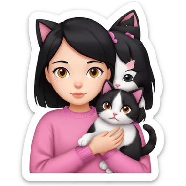 girl with black hair holding a tri-colored cat (black, orange, white) wearing a pink sweater sticker