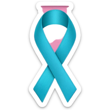 Thyroid cancer ribbon which has a blue strand, a pink strand and teal at the top where the ribbon crossed over sticker