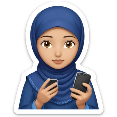 Turkish beautiful finish Konya girl brown eyes with indigo hijab islamic dress and had on her hand phone does photo sticker