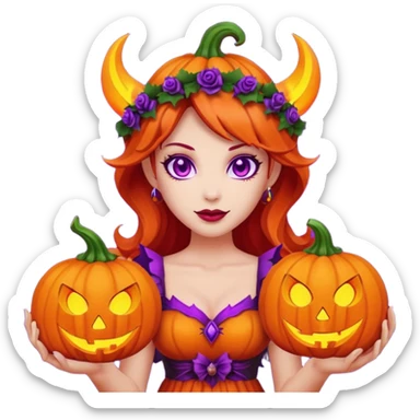female-succubus-emoji,-red-skin,-purple-eyes,-elegant-face,-pumpkin-wreath-on-head,-with,-holding-small-glowing-pumpkin-lantern,-halloween-fantasy sticker