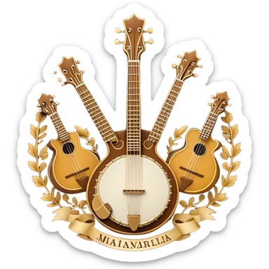 Design a complex, festive, and professional emblem-like emoji representing plucked string instruments. The composition should resemble a heraldic crest, featuring iconic instruments like a banjo, mandolin, domra, and sitar, artistically arranged in a balanced and symmetrical layout. The necks of the instruments should extend upward, intertwining with a flowing ribbon of musical notes, which weaves elegantly around the strings and headstocks. The design should incorporate intricate details, such as carved patterns on the instruments and decorative fretboards, while maintaining clarity and recognizability. Use a rich and celebratory color palette with gold, deep brown, and vibrant accents, adding subtle highlights and shadows for a polished, three-dimensional look. Include ornate elements like laurels, swirls, or subtle engraving to enhance the emblematic feel. The background should be transparent to highlight the composition as a standalone emblem. sticker