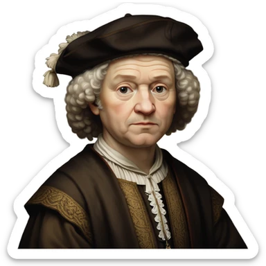 cinematic-portrait-of-rembrandt,-shown-as-a-master-artist-with-deep,-introspective-eyes-and-richly-detailed-period-clothing,-rendered-with-dramatic-chiaroscuro-lighting-that-emphasizes-his-legacy sticker
