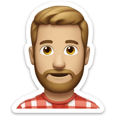 white man around 35. short brown hair. with beard. wear a scarlet check shirt. sticker