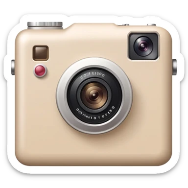 A beige camera with a photo frame next to it on the back of the camera sticker