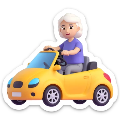 Make the entire image 30% more realistic, including the mother with white hair and the car, keep fast and furious vibe, dynamic motion effects, sporty 3D emoji style, no background. sticker