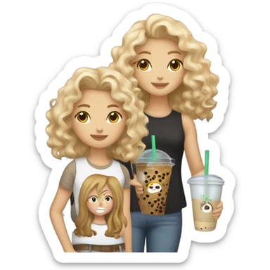 Dirty blonde girl holding a brown boba tea with a wavy curly haired girl standing next to her the girl is brown  sticker
