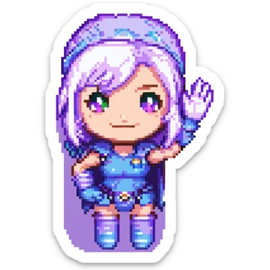 chibi style Gwen from League of Legends, only head, right eye purple, one hand waving with glove, smiling and energetic, pixel art style sticker