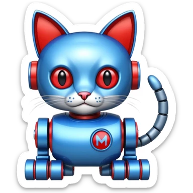generate robot cat, glossy, realstic, red and blue color, write on text "LMX" sticker
