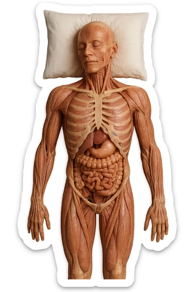 corpo umano anatomico CON TESTA SUL CUSCINO PERCHé STA DORMENDO, VISTO DALL'ALTO, iperrealistico 4k sticker