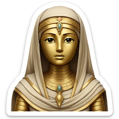 Cinematic Noble Mummy Portrait Emoji, Regal and timeless, with a meticulously wrapped, ancient form in muted earth tones accented by faded gold, exuding an air of forgotten majesty and solemn duty, simplified yet elegant with intricate bandage details, highly detailed and softly glowing, evoking the dignified mystery of an eternal sentinel guarding long-lost secrets! sticker