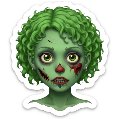faça uma cabeça verde de zumbi femenina, com im cabelo curtinho cacheado, piercing no nariz, e brincos na orelha e várias cicatrizes, deixe ela macabra sticker