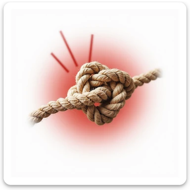 stylized rope knot isolated on white background with a red halo or graphic marks indicating pain, simple but clear details, light shadow sticker