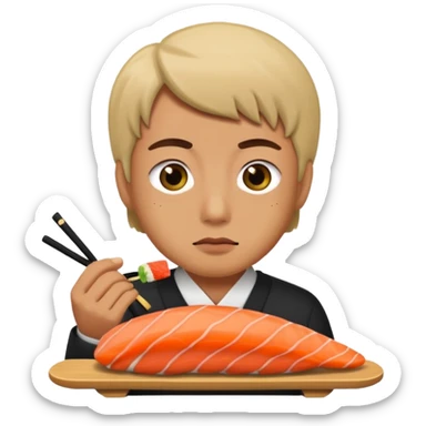 Man with small eyes eating sushi sticker