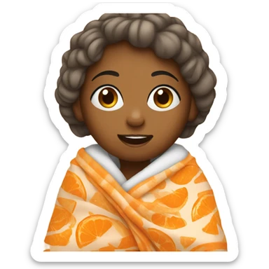 A girl, with black hair and white skin, wrapped with a blanket, eating tangerine sticker