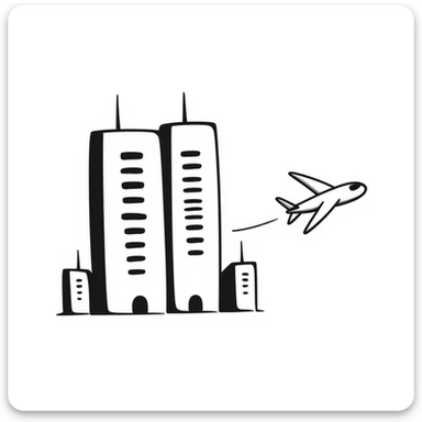two skyscrapers and a plane flying towards them sticker
