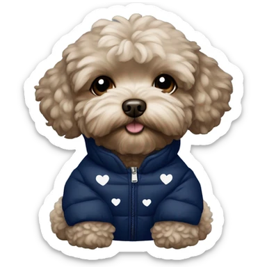 Dark brown maltipoo wearing navy blue puffer jacket with tiny white hearts pattern sticker