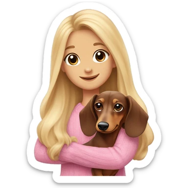 a cheerful long-haired brown marble dachshund in full height on the side in the arms of a blonde girl with blue eyes in a pink sweater sticker