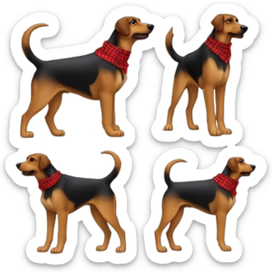 adult 75% Coonhound 25% German Shepherd mix dog with visible tail wearing small pointed red buffalo plaid bandana full body walking left quickly sticker