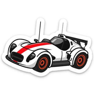 Racing car with oversized wheels and bold red stripes sticker