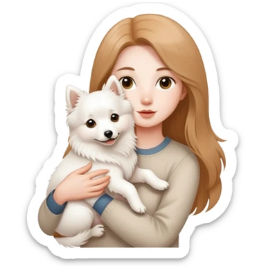 long light brown hair girl with pale skin holding a white Japanese spitz dog in her arms sticker