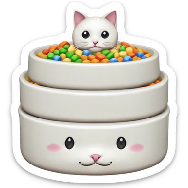 in the style of pixel art, make a cat pet food bowl . In the bowl is white cat food which is piled so high on top of the bowl. There are small pieces of rainbow food in the bowl too. there is only food in the bowl sticker