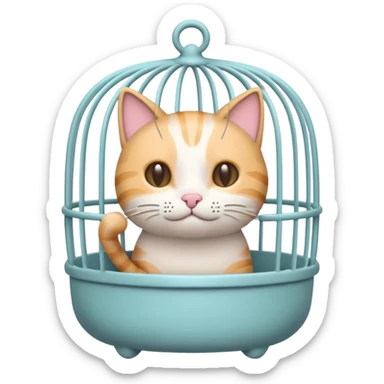 A cute emoji-style cat cage — rounded, cartoon look, clean outline, pastel colors. Vertical metal bars in front, small handle on top, and soft edges. Simple, minimal details, high contrast, with no cat inside sticker