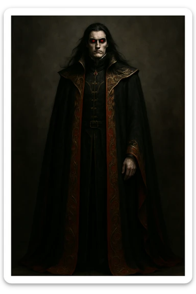 tall, imposing figure with long, flowing black hair, glowing red eyes, and a floor-length black and red cloak with ornate gold embroidery. He stands with a cold, stoic expression, exuding nobility and menace. sticker