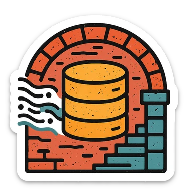 stacked database cylinders in a basement or underground setting with arched brickwork, stairs, or stone walls, flowing abstract data streams with lines, dots, or waves, worn and distressed effect, detailed icon sticker