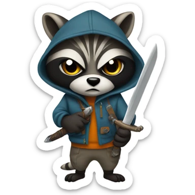 fullbody raccoon thief whith mask and hoodie serious mood holding a dagger sticker