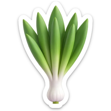 whole leek, white stalk to green leaves, leaves layered and slightly curved, root end with fine roots, crisp and fresh, 3D emoji style, minimal, soft shadows, no anthropomorphic features, transparent background, emoji scale sticker